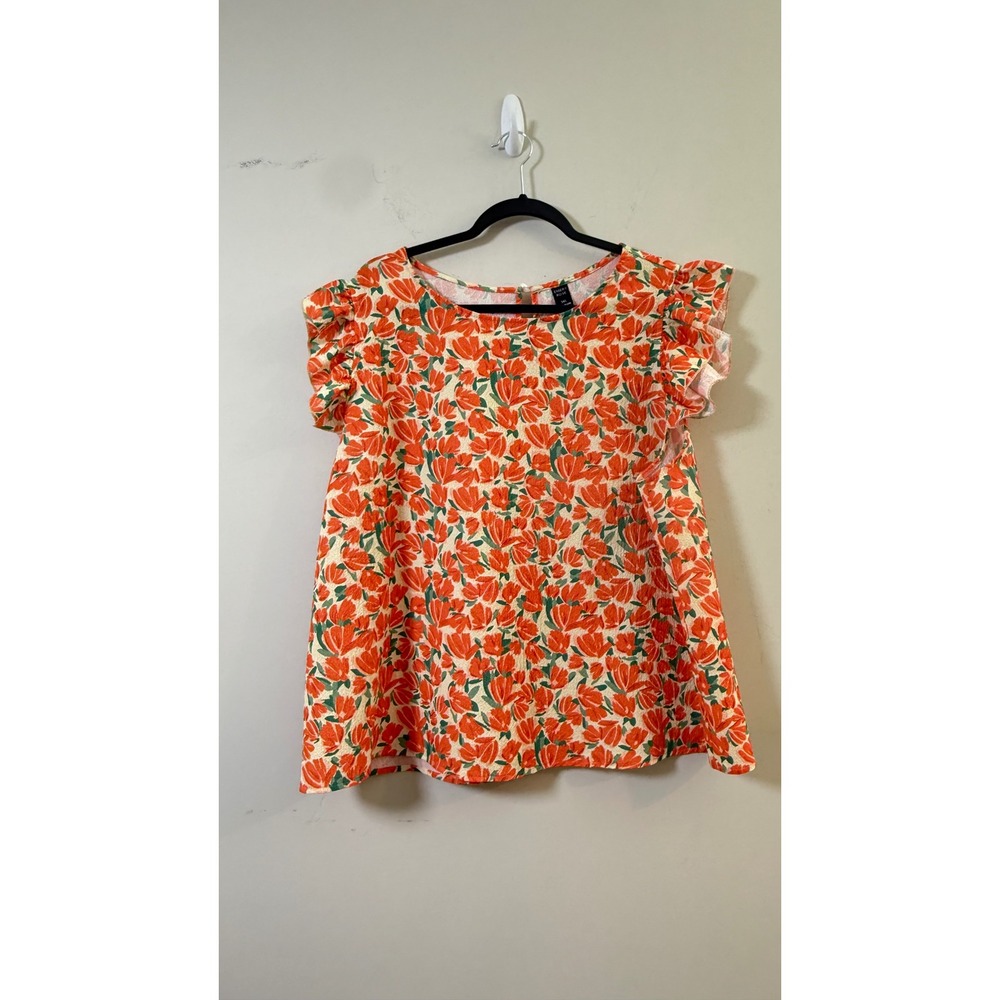 Emery Rose Plus Size Blouse Orange Floral Ruffle Sleeve Women 3XL